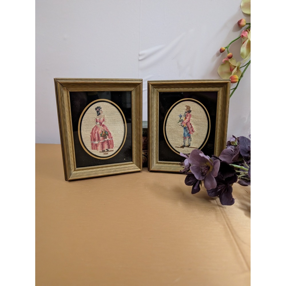 Vintage Pair Needlepoint Portraits Framed Couple Victorian Dress Man Woman Art